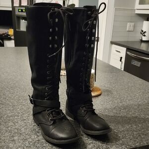 Black Lace-Up Knee-High Boots